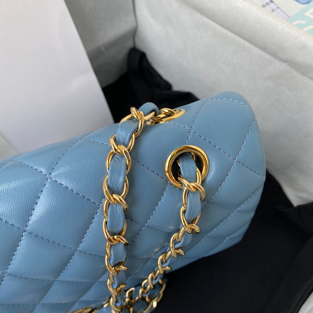 Chanel A01112 Classic Handbag Lambskin Blue Gold