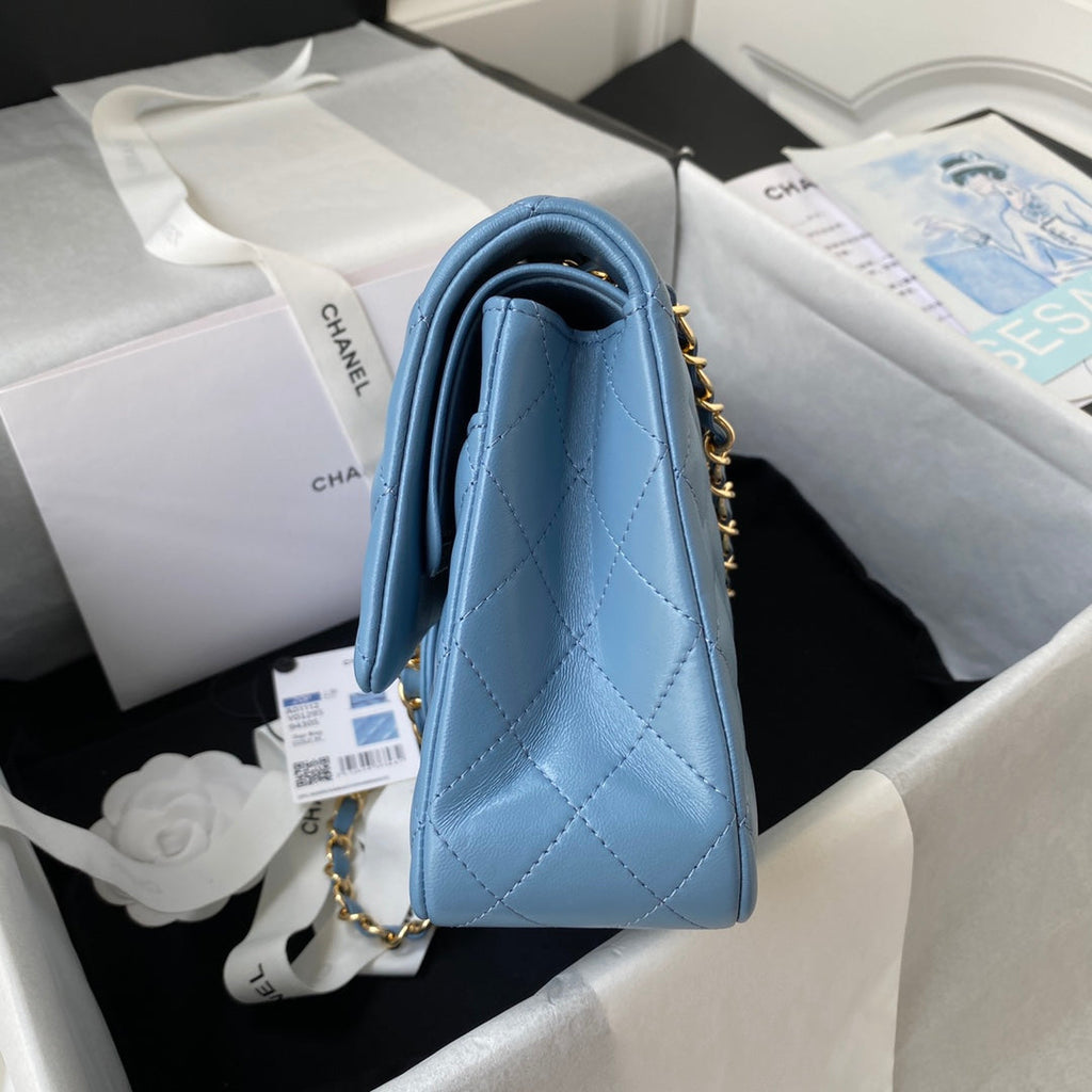 Chanel A01112 Classic Handbag Lambskin Blue Gold