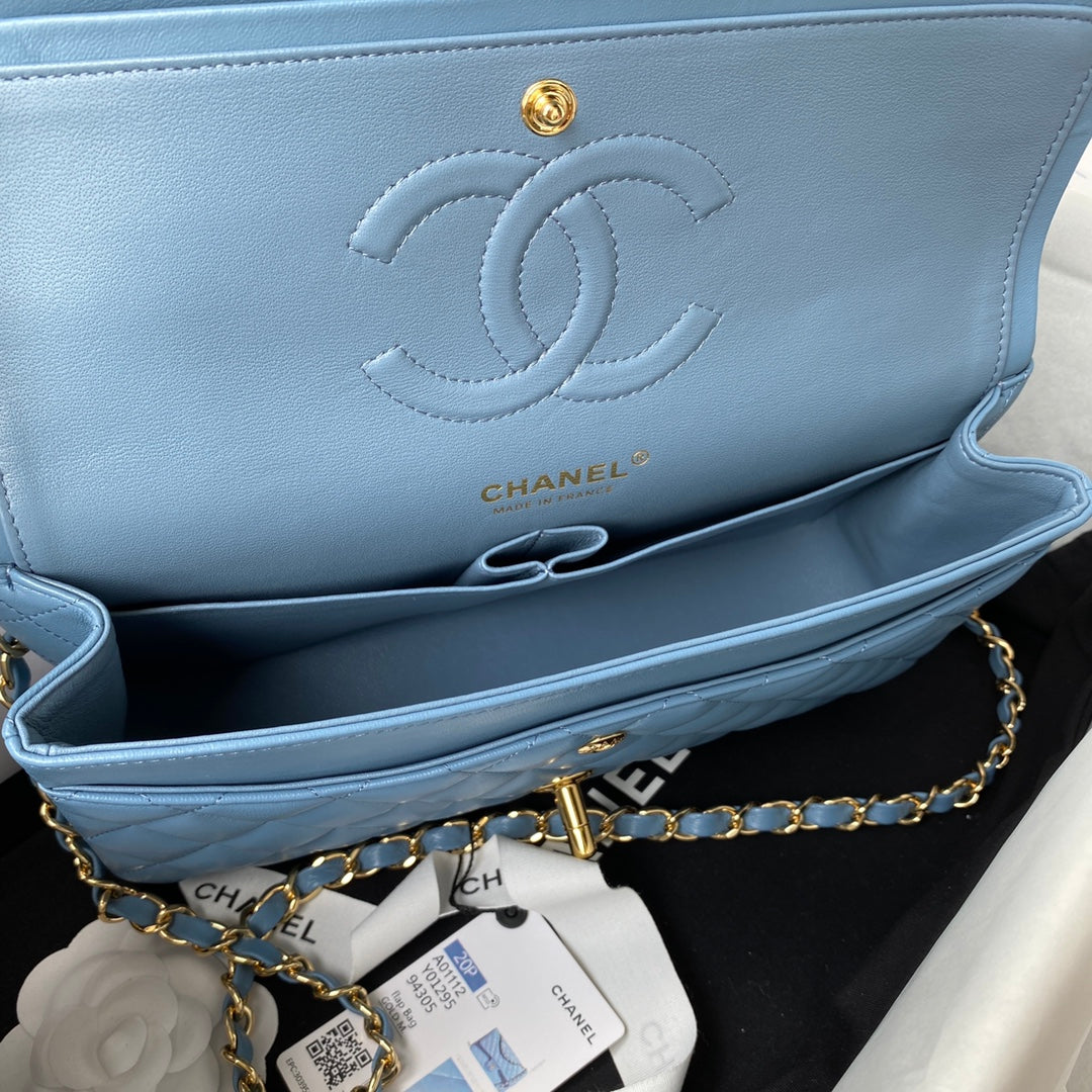 Chanel A01112 Classic Handbag Lambskin Blue Gold