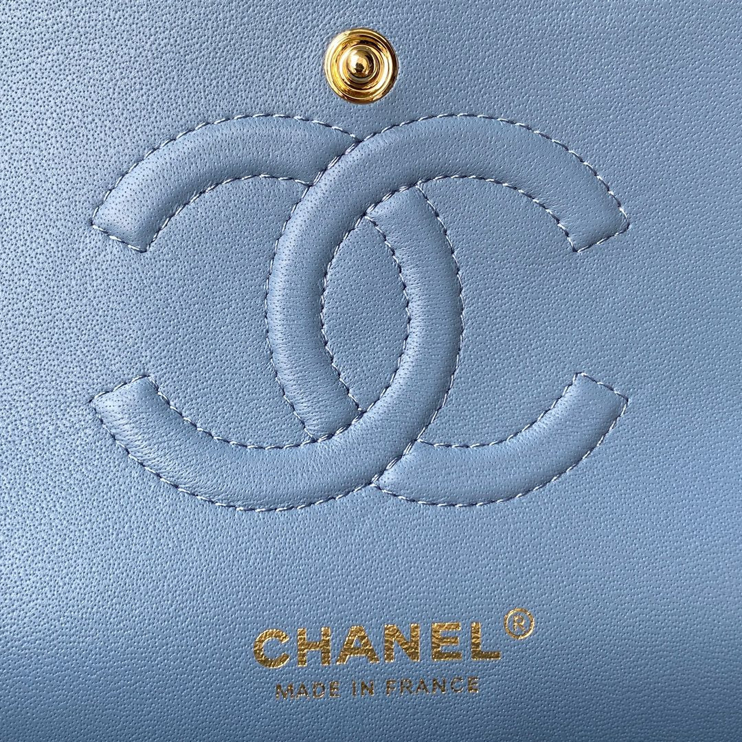 Chanel A01112 Classic Handbag Lambskin Blue Gold