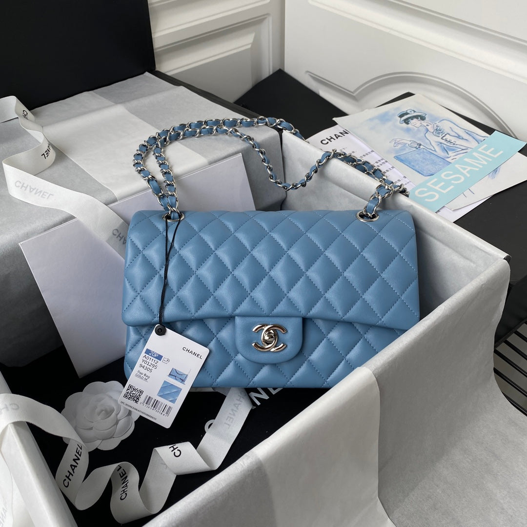 Chanel A01112 Classic Handbag Lambskin Blue Silver