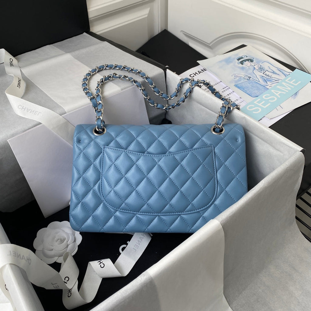 Chanel A01112 Classic Handbag Lambskin Blue Silver