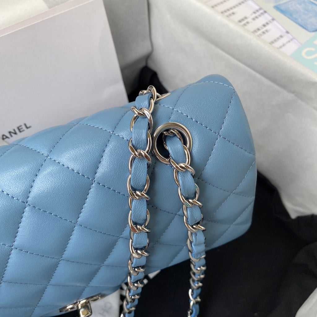 Chanel A01112 Classic Handbag Lambskin Blue Silver