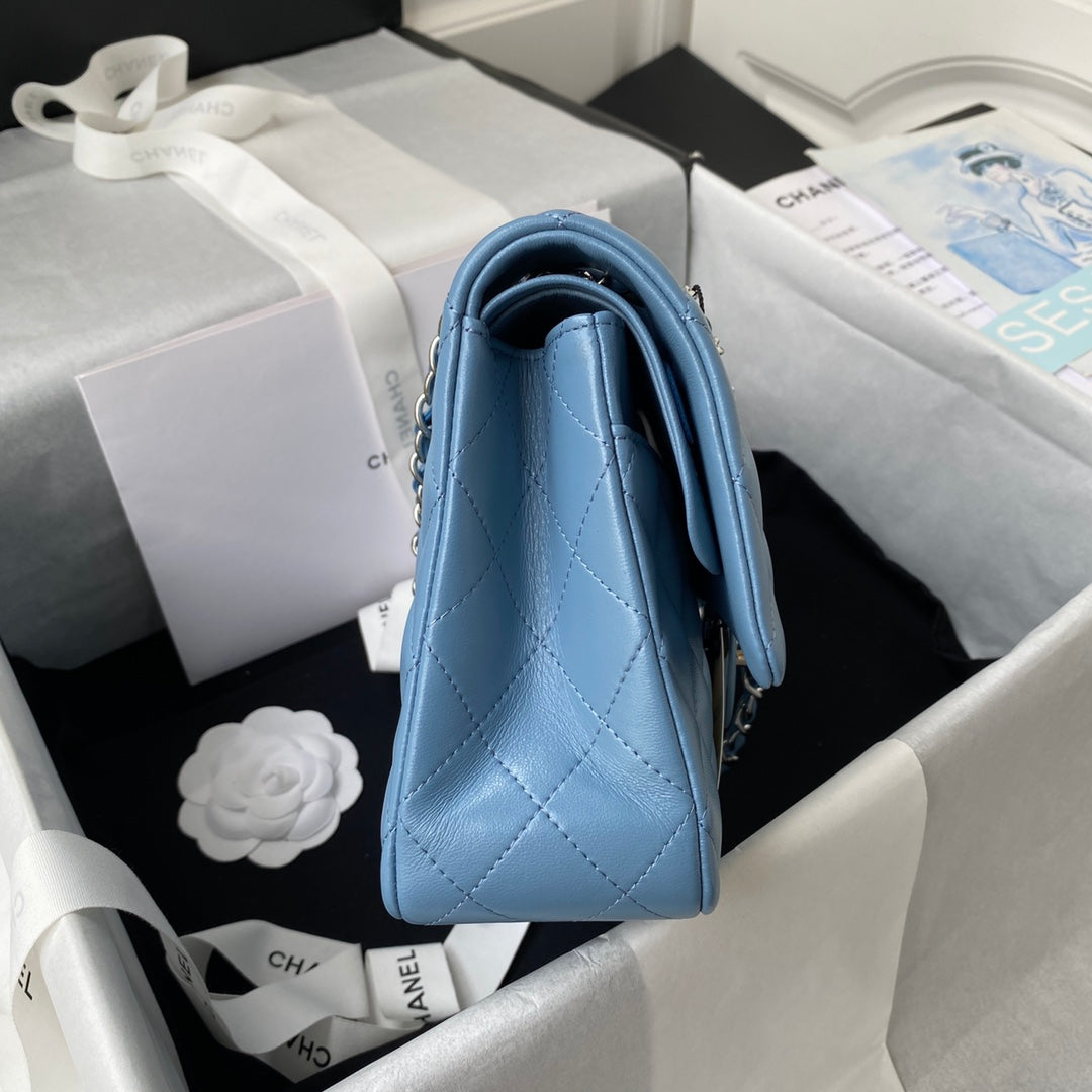 Chanel A01112 Classic Handbag Lambskin Blue Silver