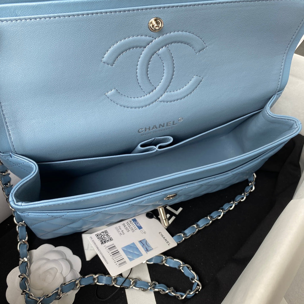Chanel A01112 Classic Handbag Lambskin Blue Silver
