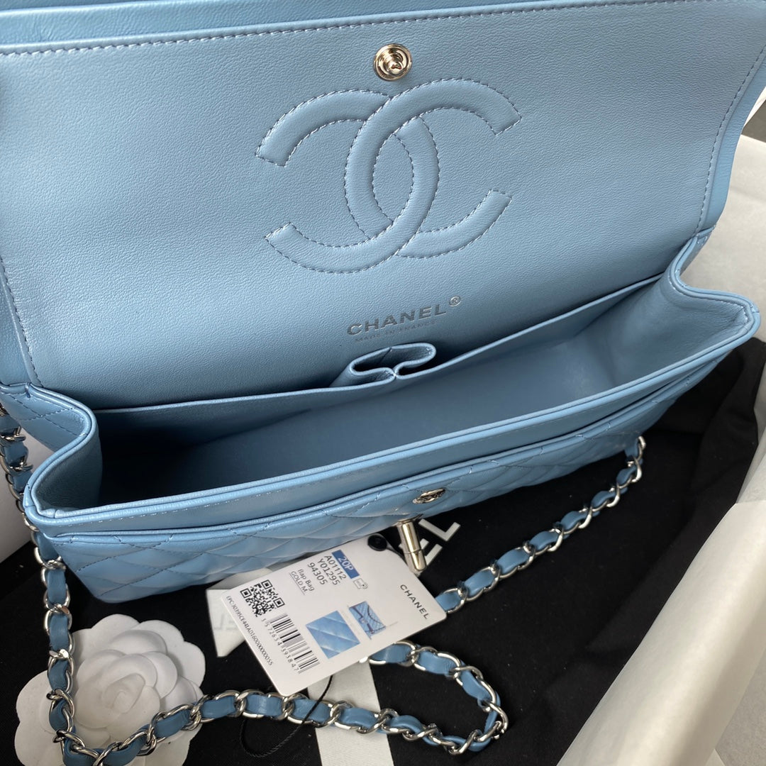 Chanel A01112 Classic Handbag Lambskin Blue Silver