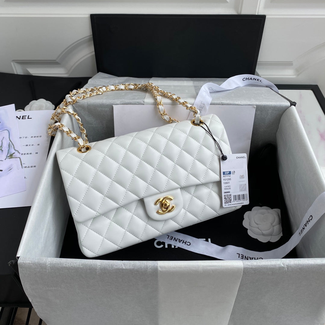 Chanel A01112 Classic Handbag Lambskin White Gold