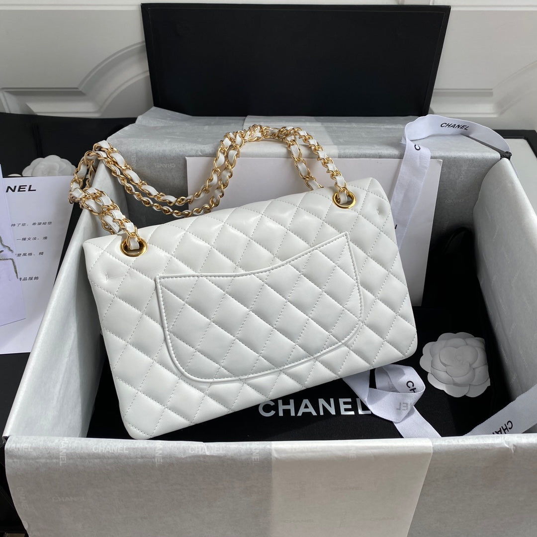 Chanel A01112 Classic Handbag Lambskin White Gold