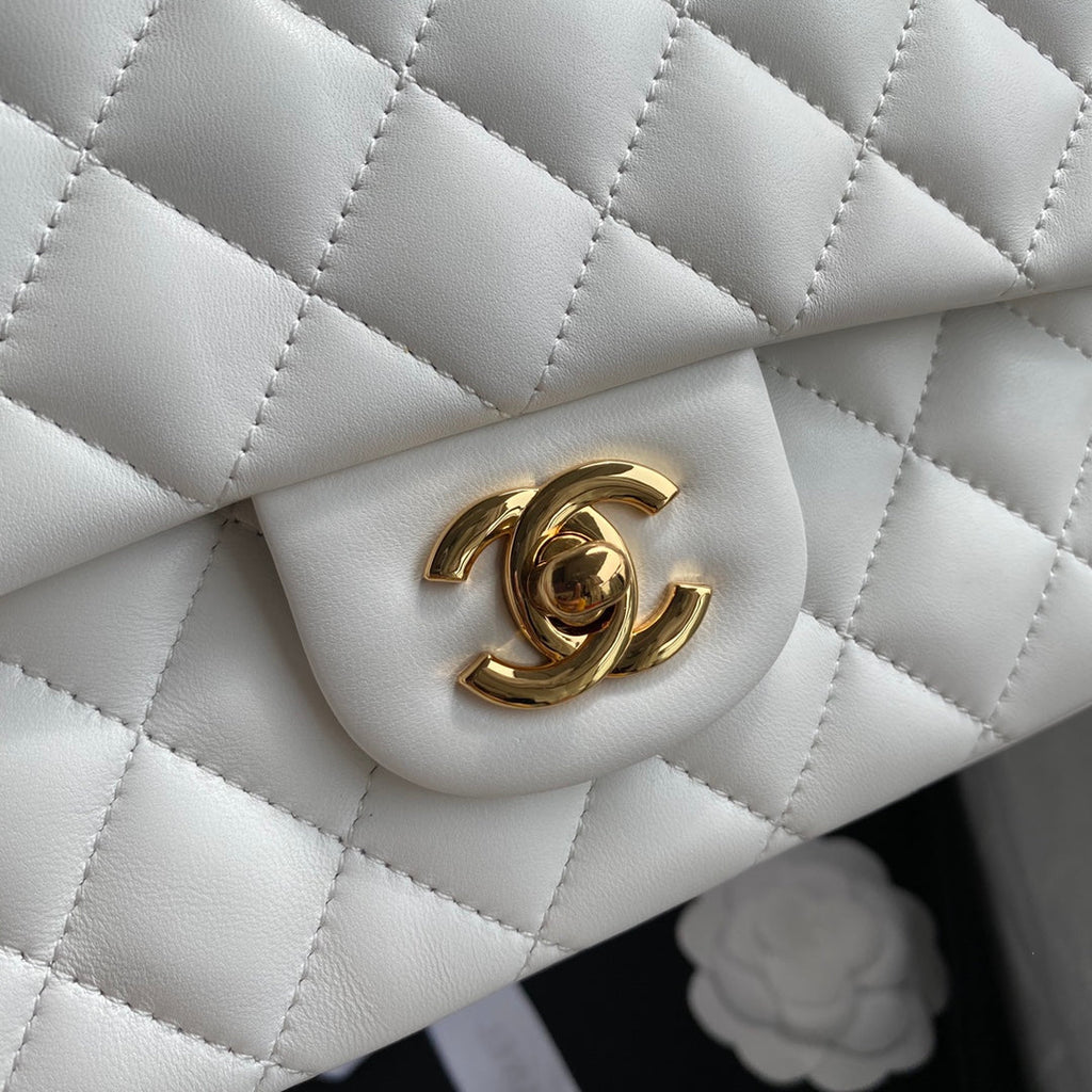 Chanel A01112 Classic Handbag Lambskin White Gold