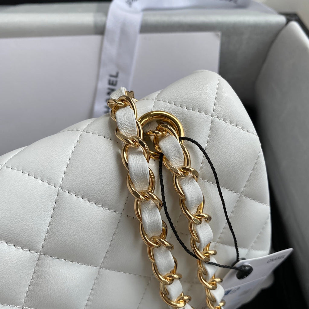 Chanel A01112 Classic Handbag Lambskin White Gold