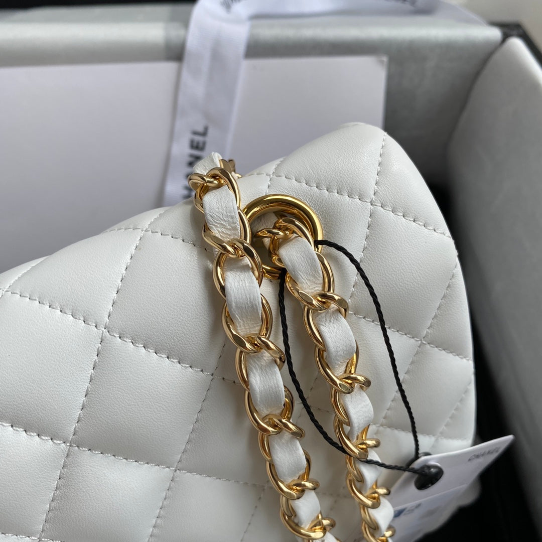 Chanel A01112 Classic Handbag Lambskin White Gold