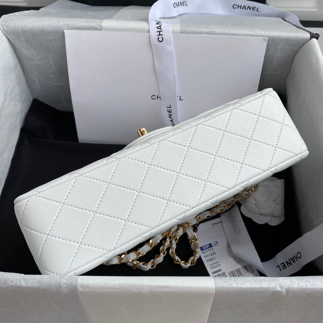 Chanel A01112 Classic Handbag Lambskin White Gold
