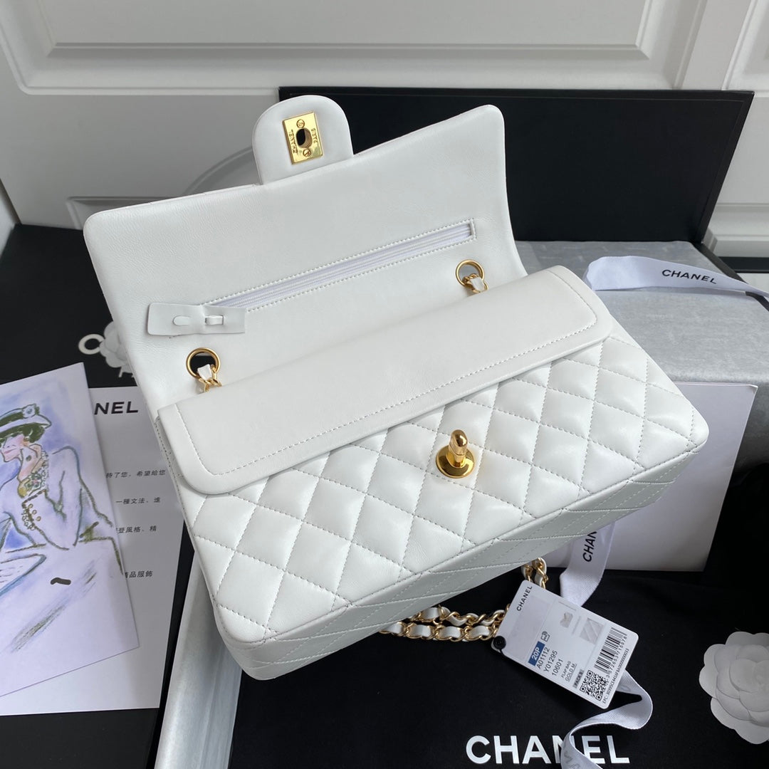 Chanel A01112 Classic Handbag Lambskin White Gold