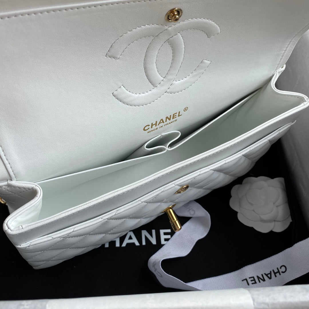 Chanel A01112 Classic Handbag Lambskin White Gold