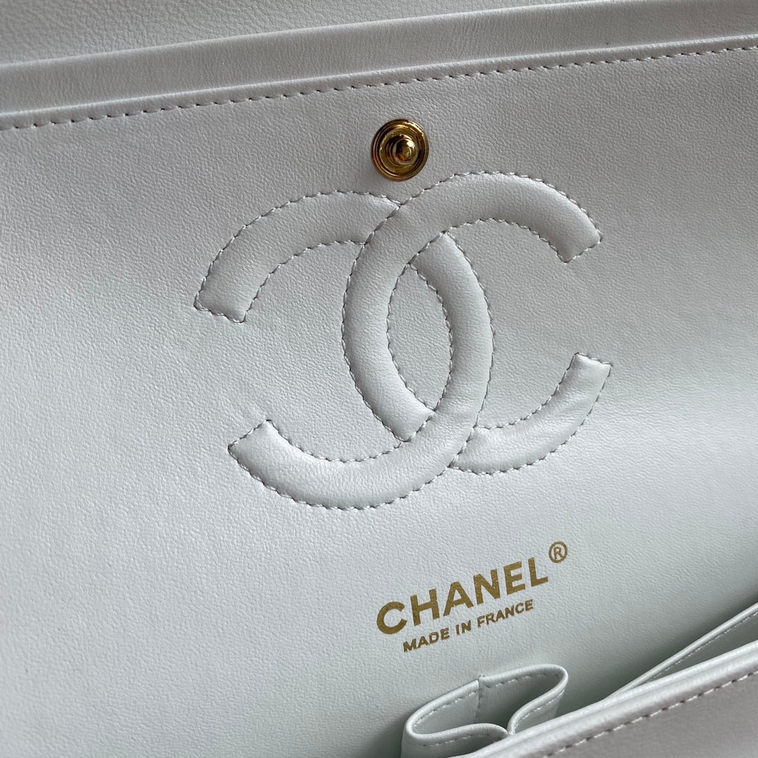 Chanel A01112 Classic Handbag Lambskin White Gold