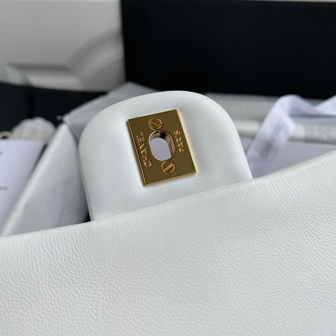 Chanel A01112 Classic Handbag Lambskin White Gold