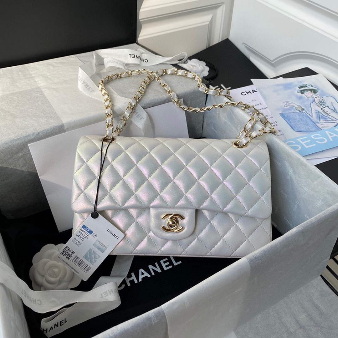 Chanel A01112 Classic Handbag Leather White Gold
