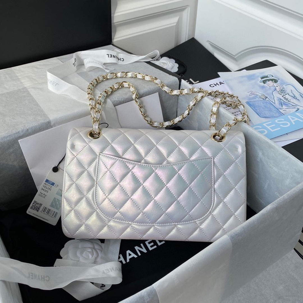 Chanel A01112 Classic Handbag Leather White Gold