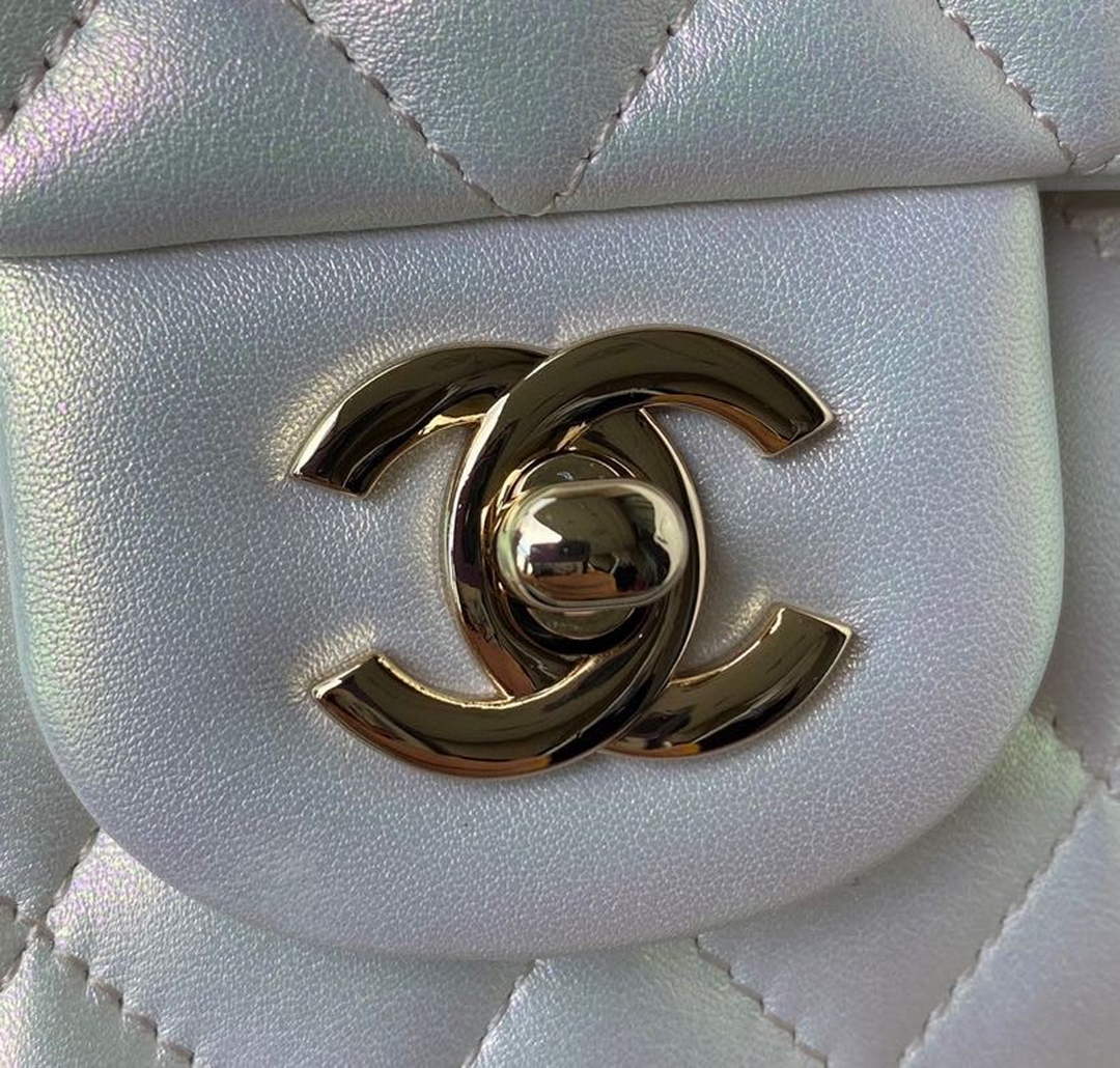 Chanel A01112 Classic Handbag Leather White Gold