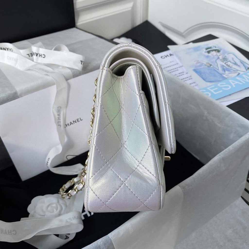 Chanel A01112 Classic Handbag Leather White Gold