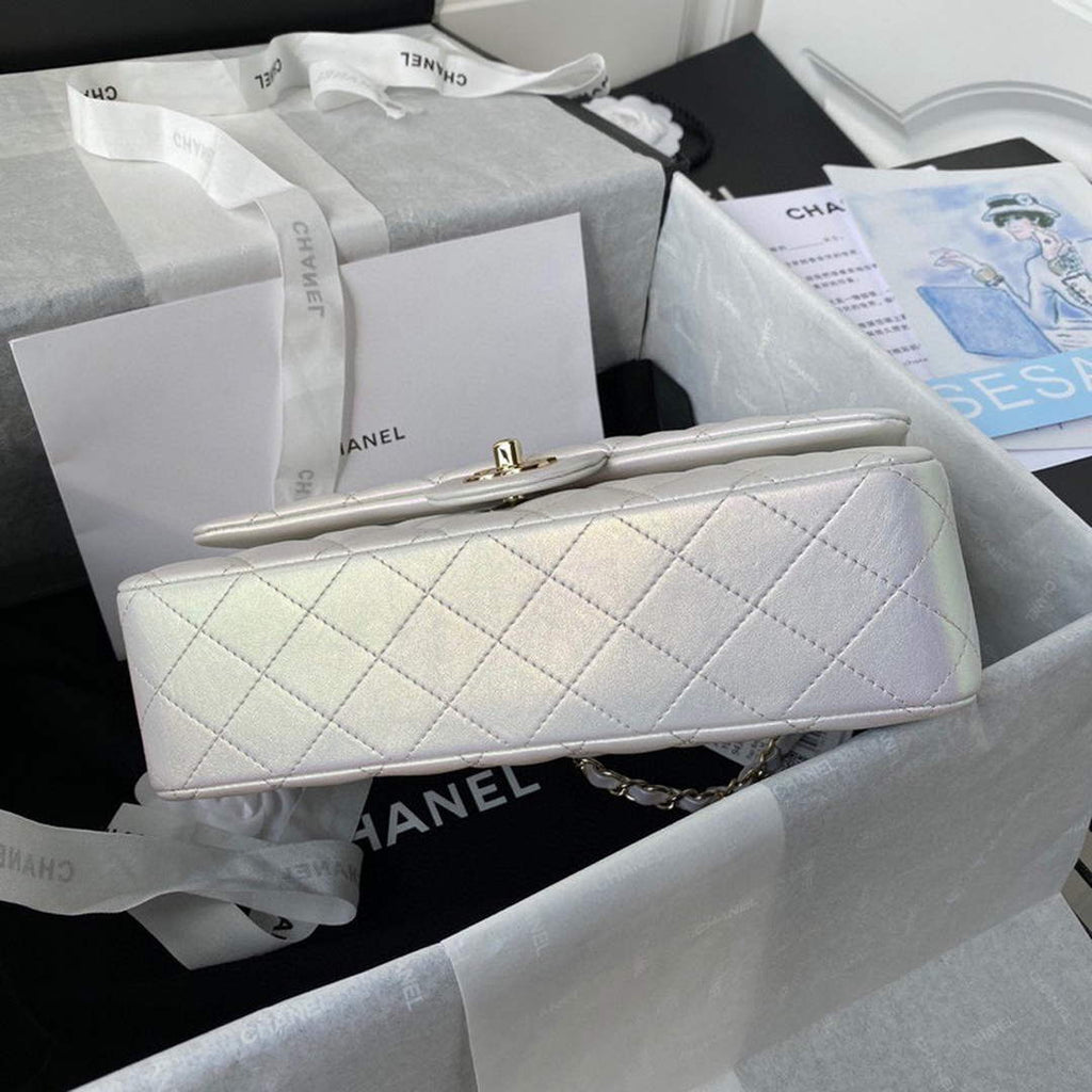 Chanel A01112 Classic Handbag Leather White Gold