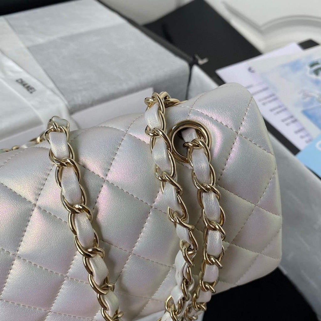 Chanel A01112 Classic Handbag Leather White Gold