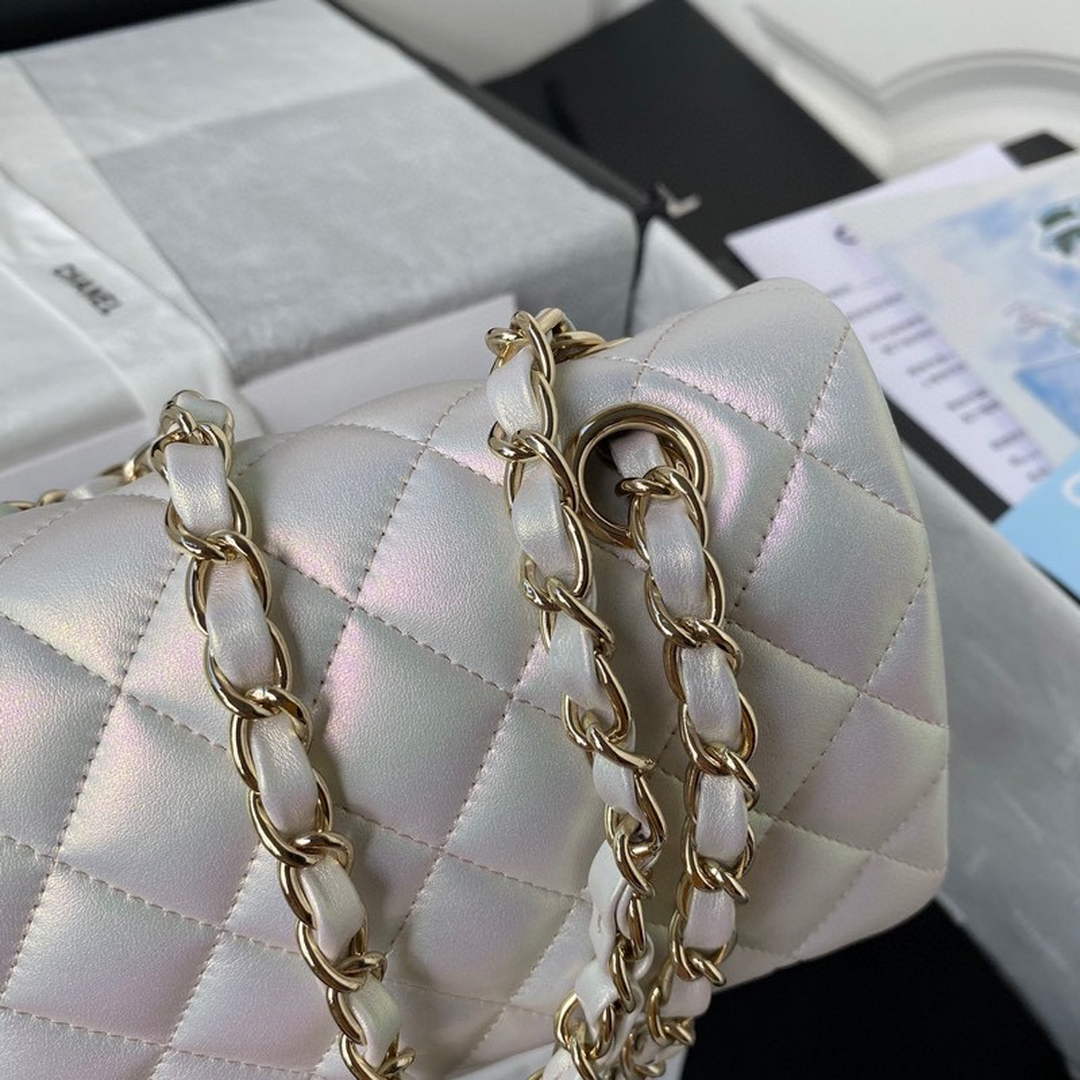 Chanel A01112 Classic Handbag Leather White Gold