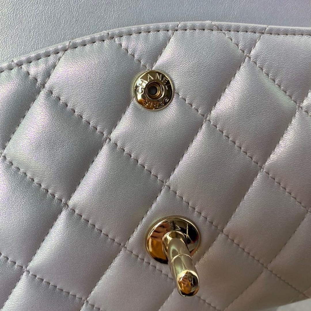 Chanel A01112 Classic Handbag Leather White Gold