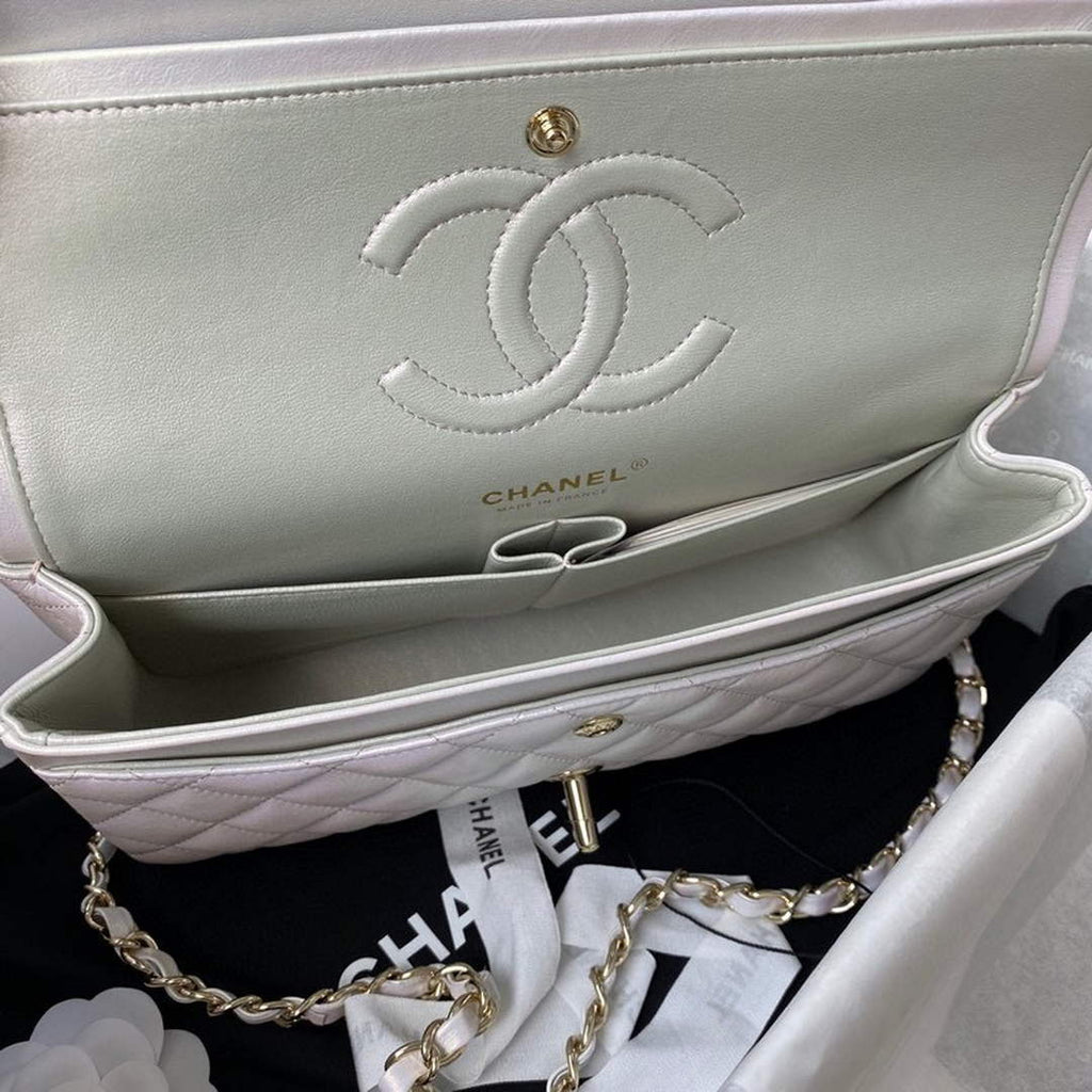 Chanel A01112 Classic Handbag Leather White Gold