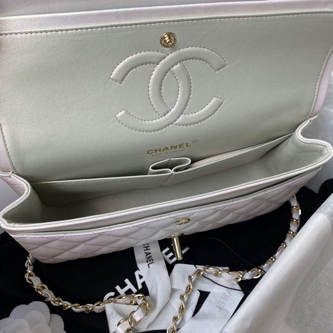 Chanel A01112 Classic Handbag Leather White Gold