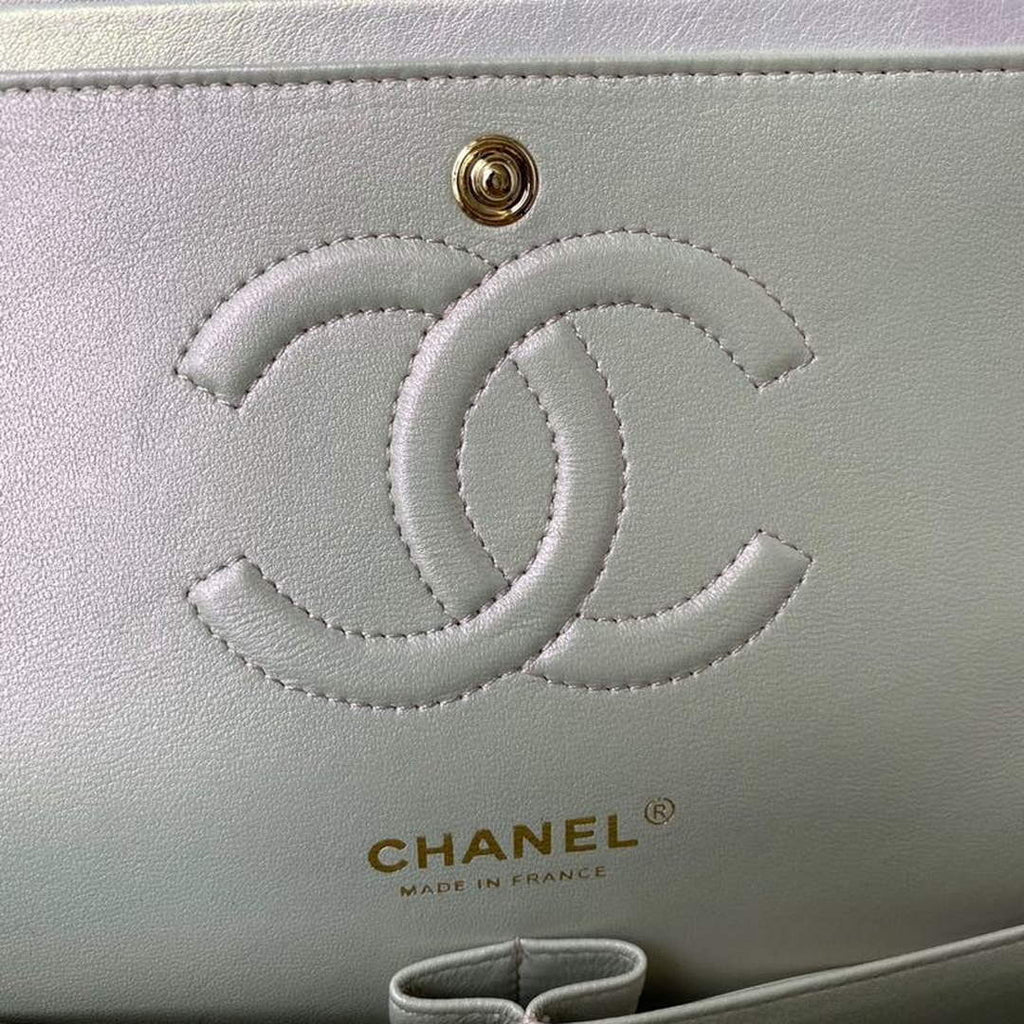 Chanel A01112 Classic Handbag Leather White Gold