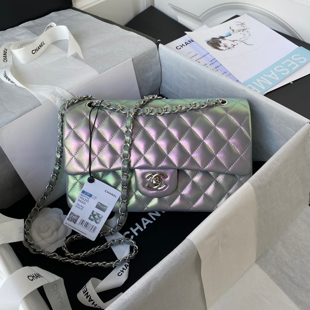 Chanel A01112 Classic Handbag Leather Gray Silver