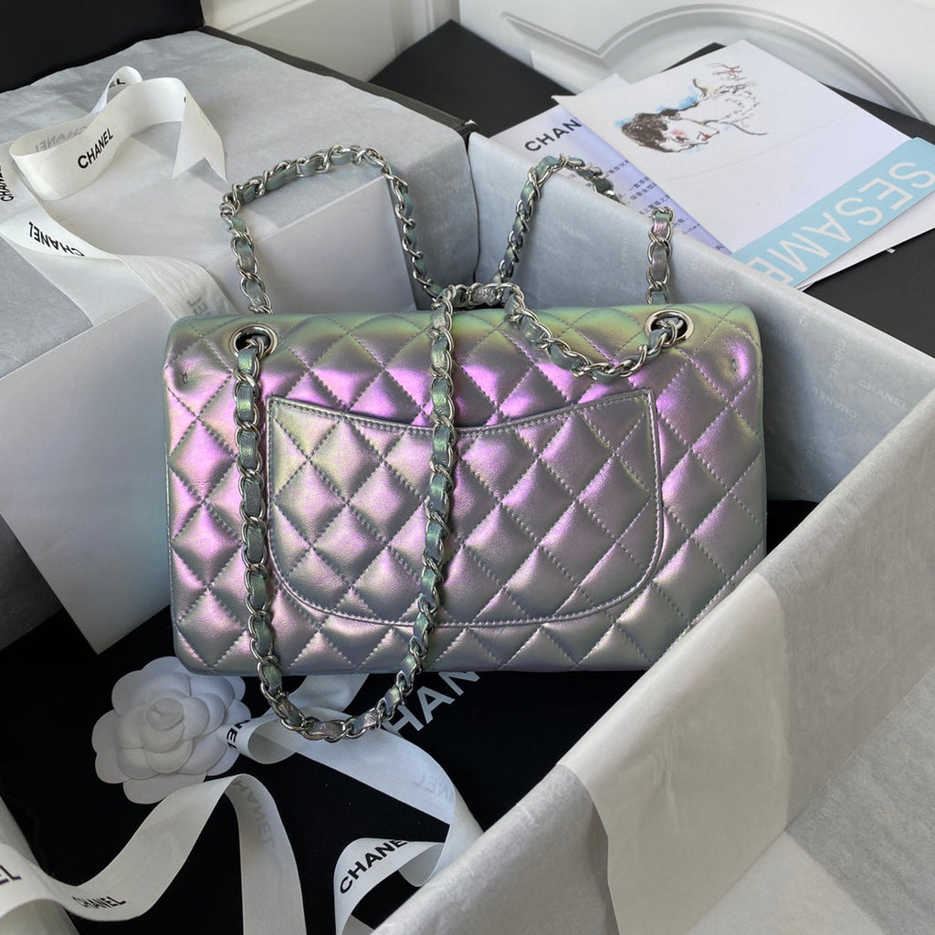 Chanel A01112 Classic Handbag Leather Gray Silver