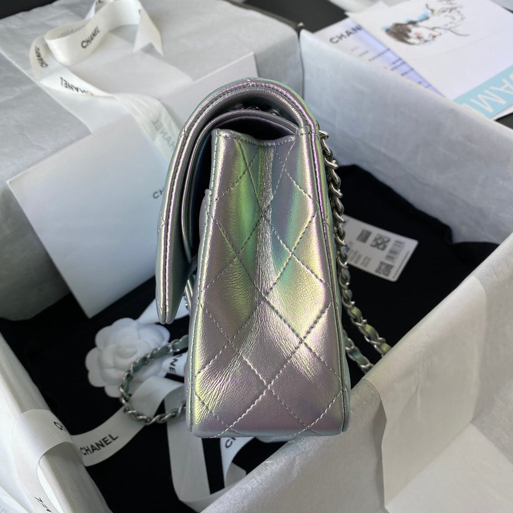 Chanel A01112 Classic Handbag Leather Gray Silver