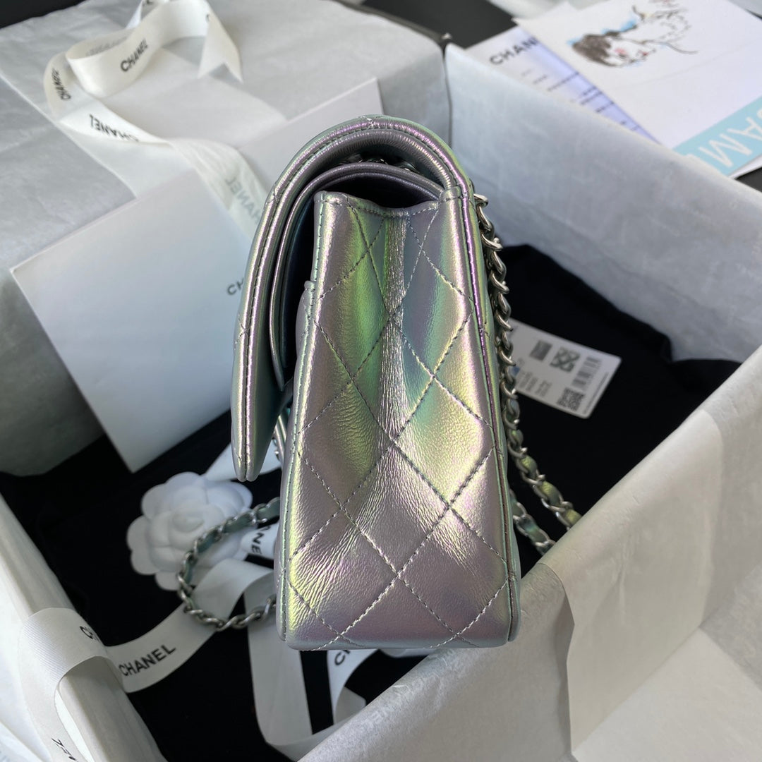 Chanel A01112 Classic Handbag Leather Gray Silver