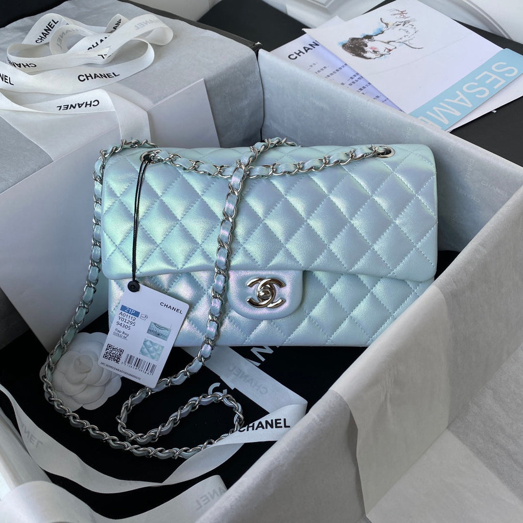 Chanel A01112 Classic Handbag Leather Blue Silver