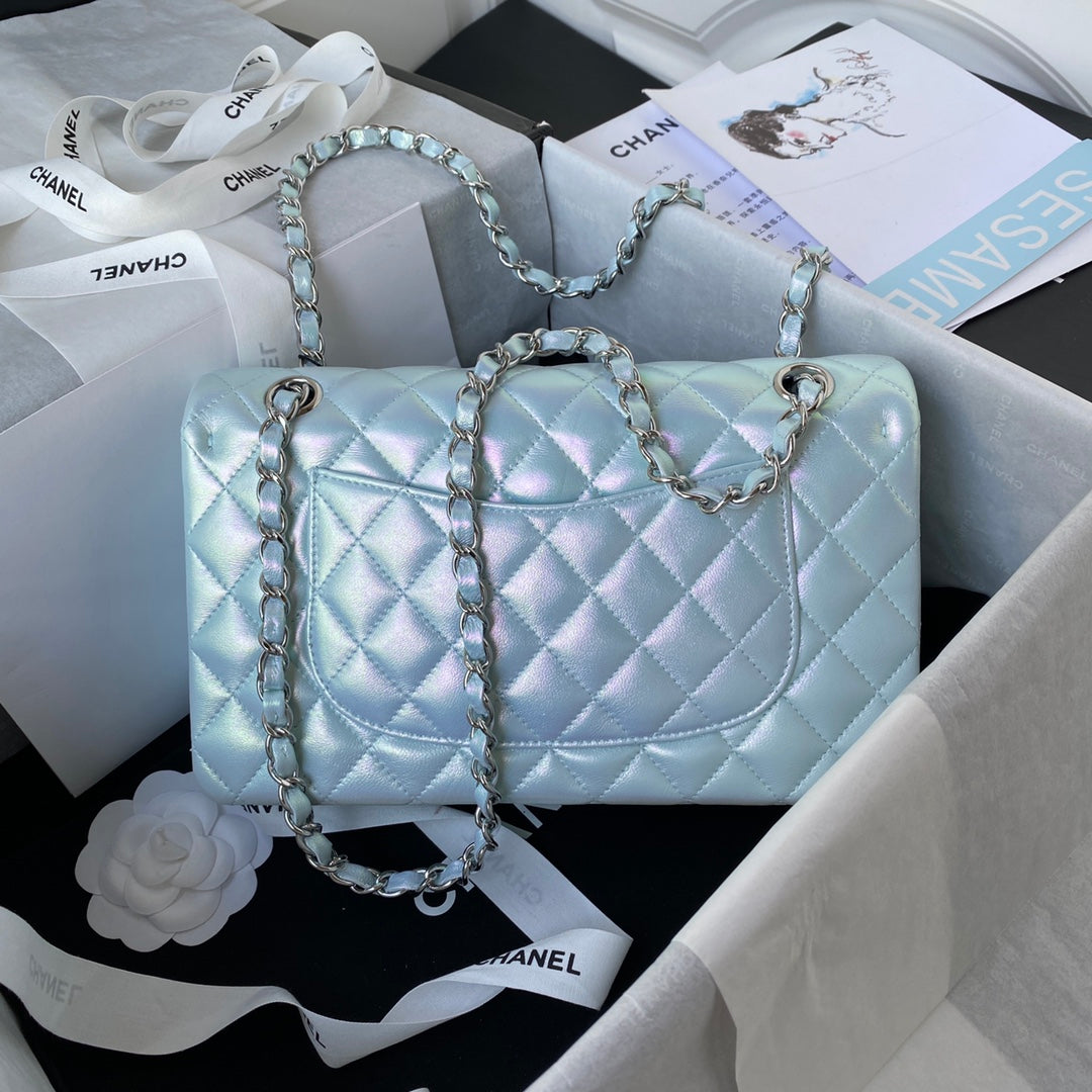 Chanel A01112 Classic Handbag Leather Blue Silver