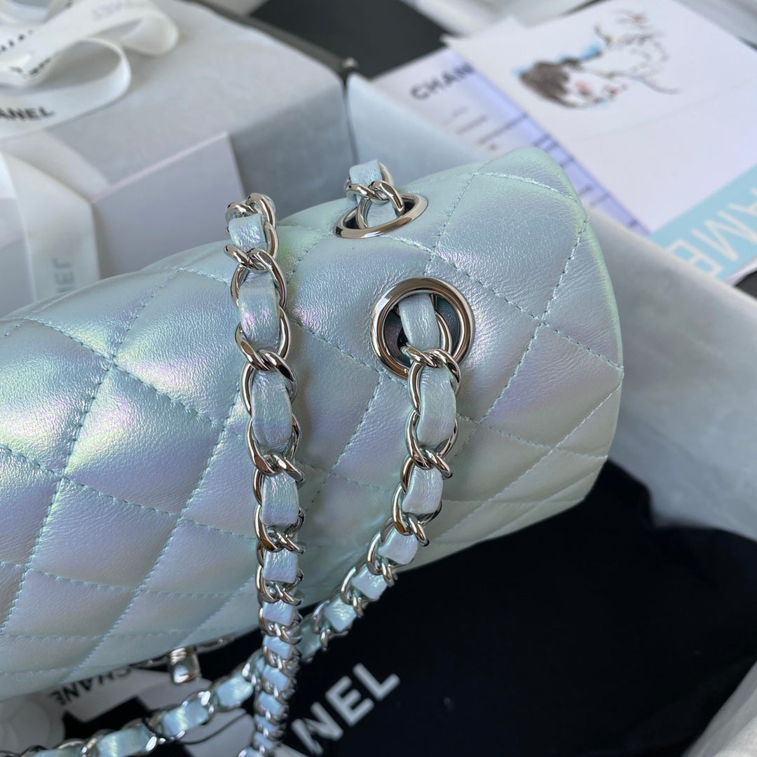 Chanel A01112 Classic Handbag Leather Blue Silver