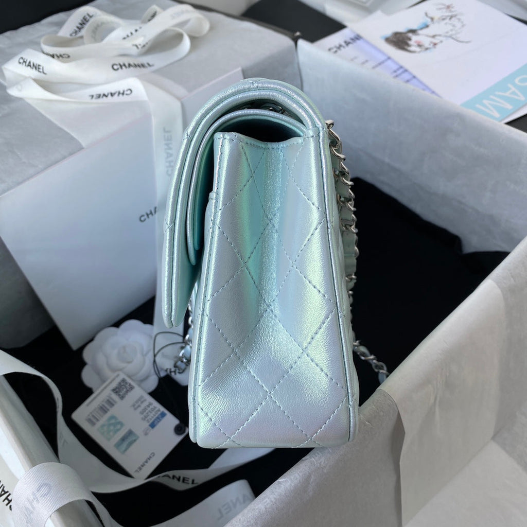 Chanel A01112 Classic Handbag Leather Blue Silver