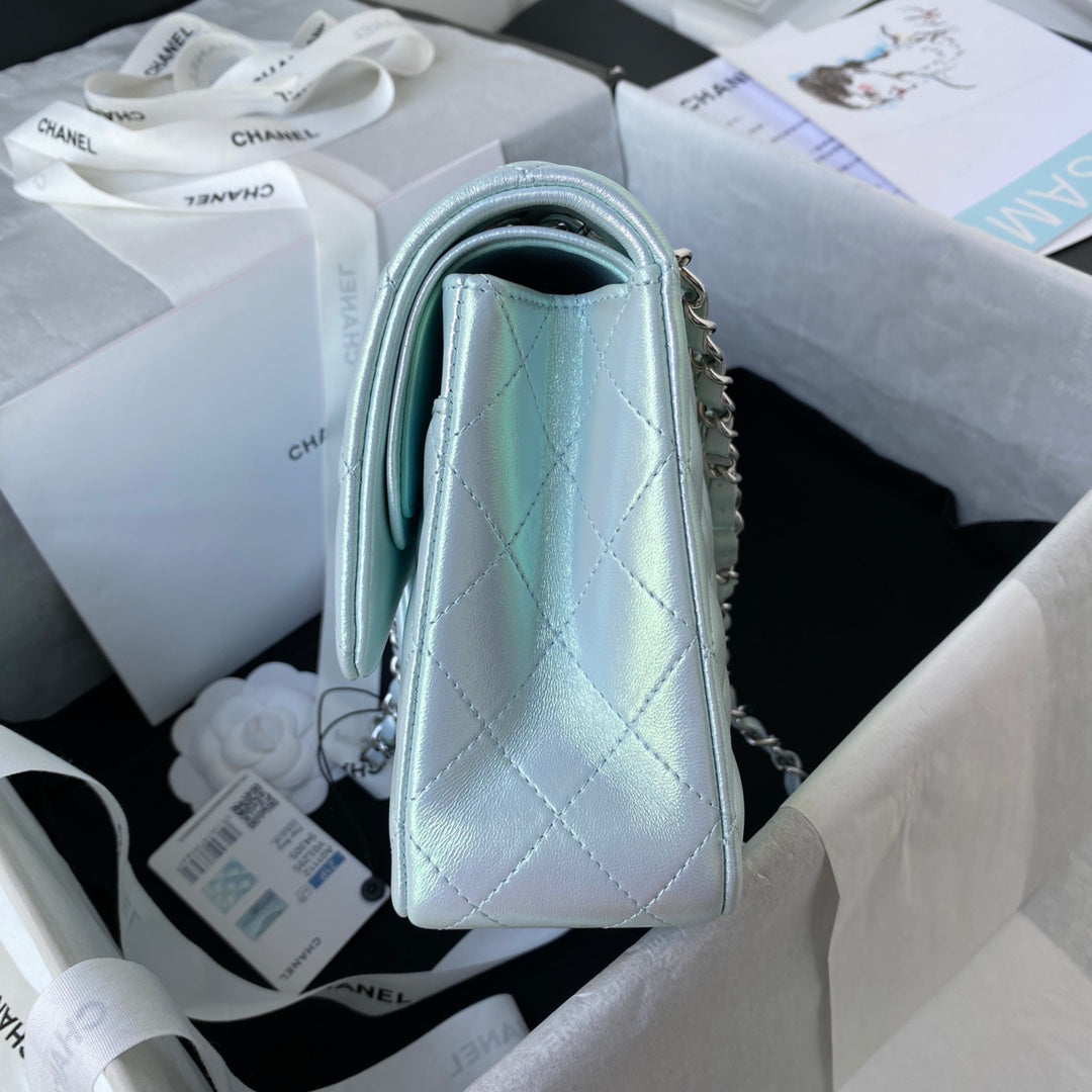 Chanel A01112 Classic Handbag Leather Blue Silver