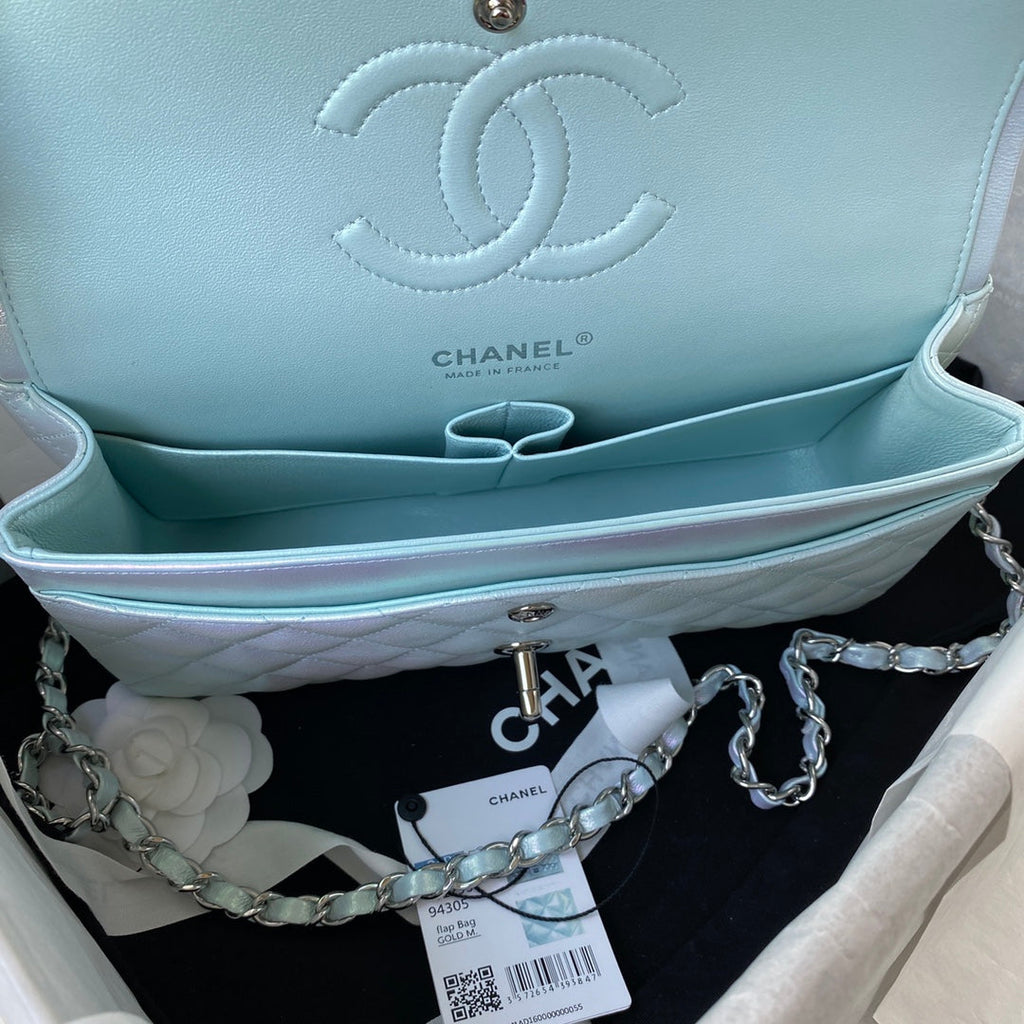 Chanel A01112 Classic Handbag Leather Blue Silver