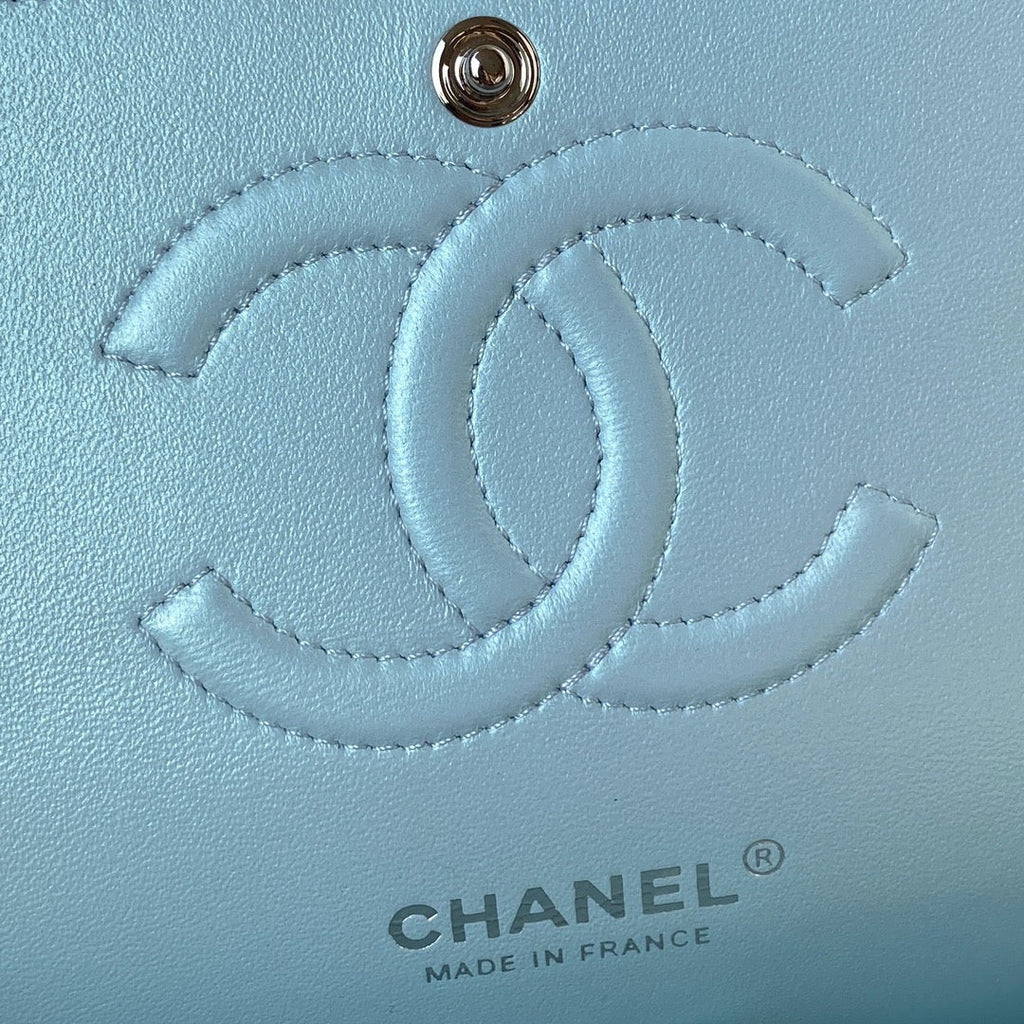 Chanel A01112 Classic Handbag Leather Blue Silver