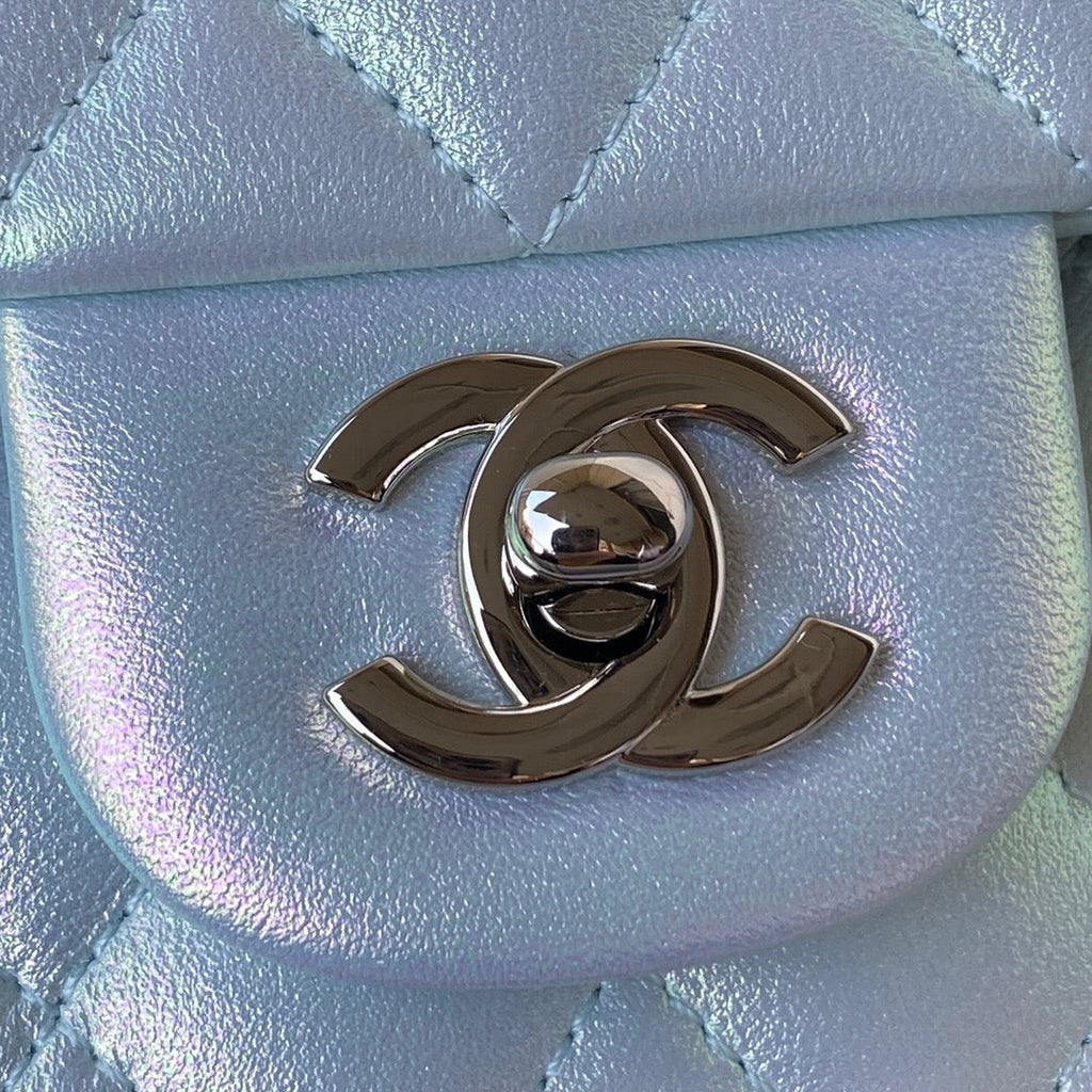 Chanel A01112 Classic Handbag Leather Blue Silver