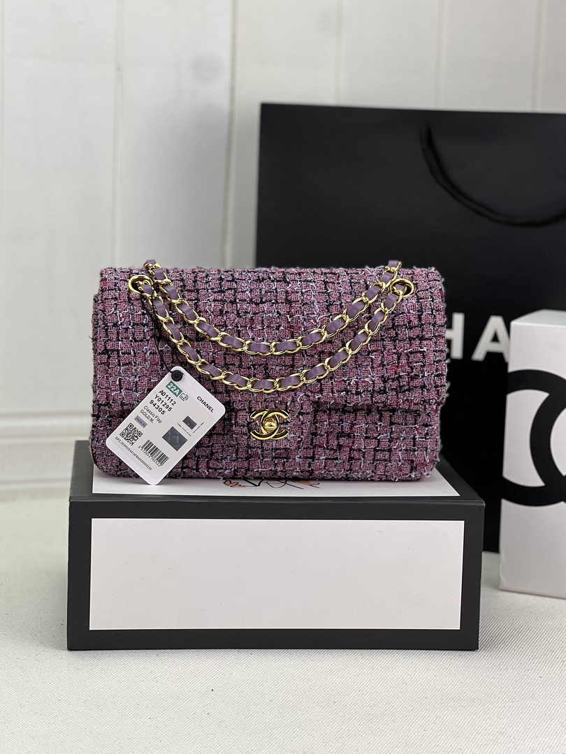 Chanel A01112 Classic Handbag Purple Wool Tweed Gold-Tone Metal