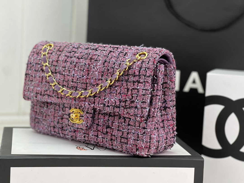 Chanel A01112 Classic Handbag Purple Wool Tweed Gold-Tone Metal