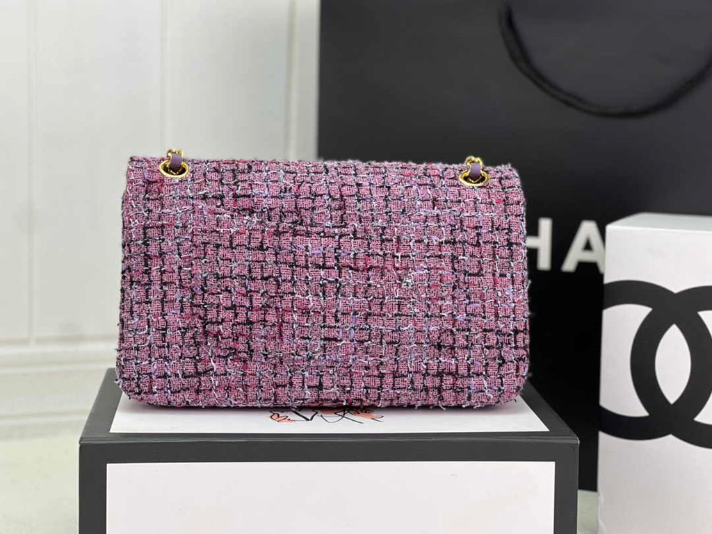 Chanel A01112 Classic Handbag Purple Wool Tweed Gold-Tone Metal