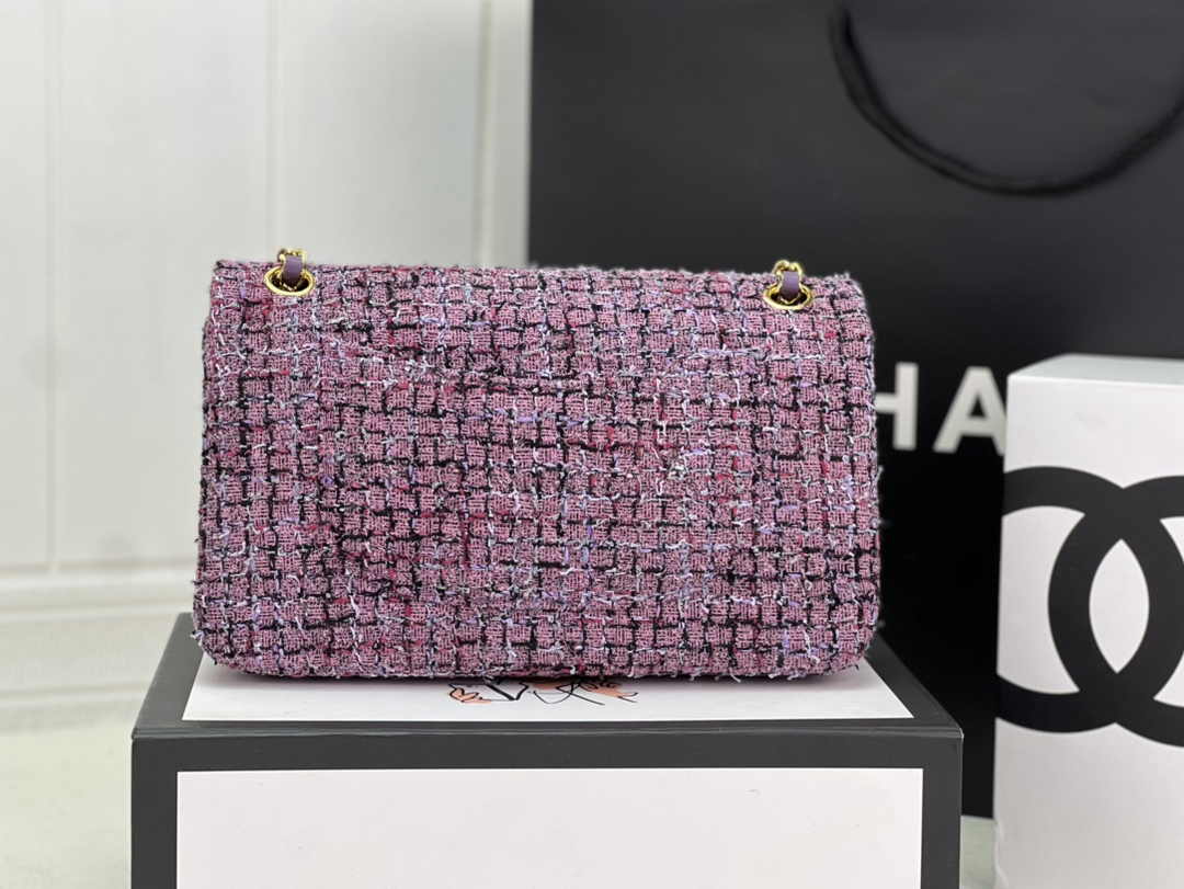 Chanel A01112 Classic Handbag Purple Wool Tweed Gold-Tone Metal