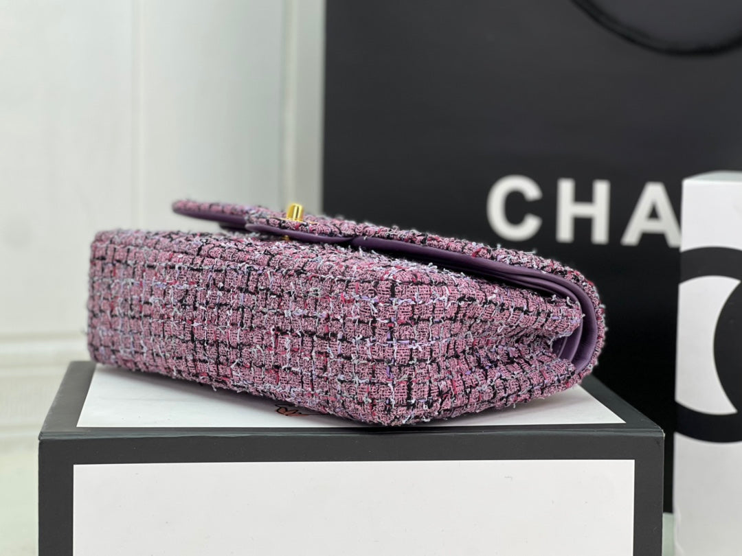 Chanel A01112 Classic Handbag Purple Wool Tweed Gold-Tone Metal