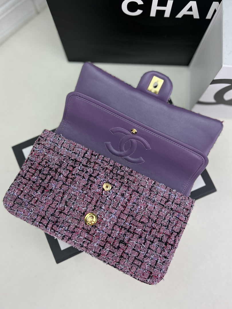 Chanel A01112 Classic Handbag Purple Wool Tweed Gold-Tone Metal