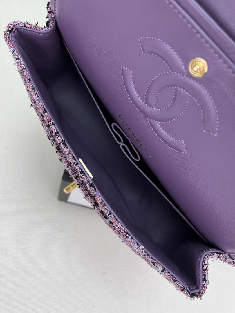 Chanel A01112 Classic Handbag Purple Wool Tweed Gold-Tone Metal